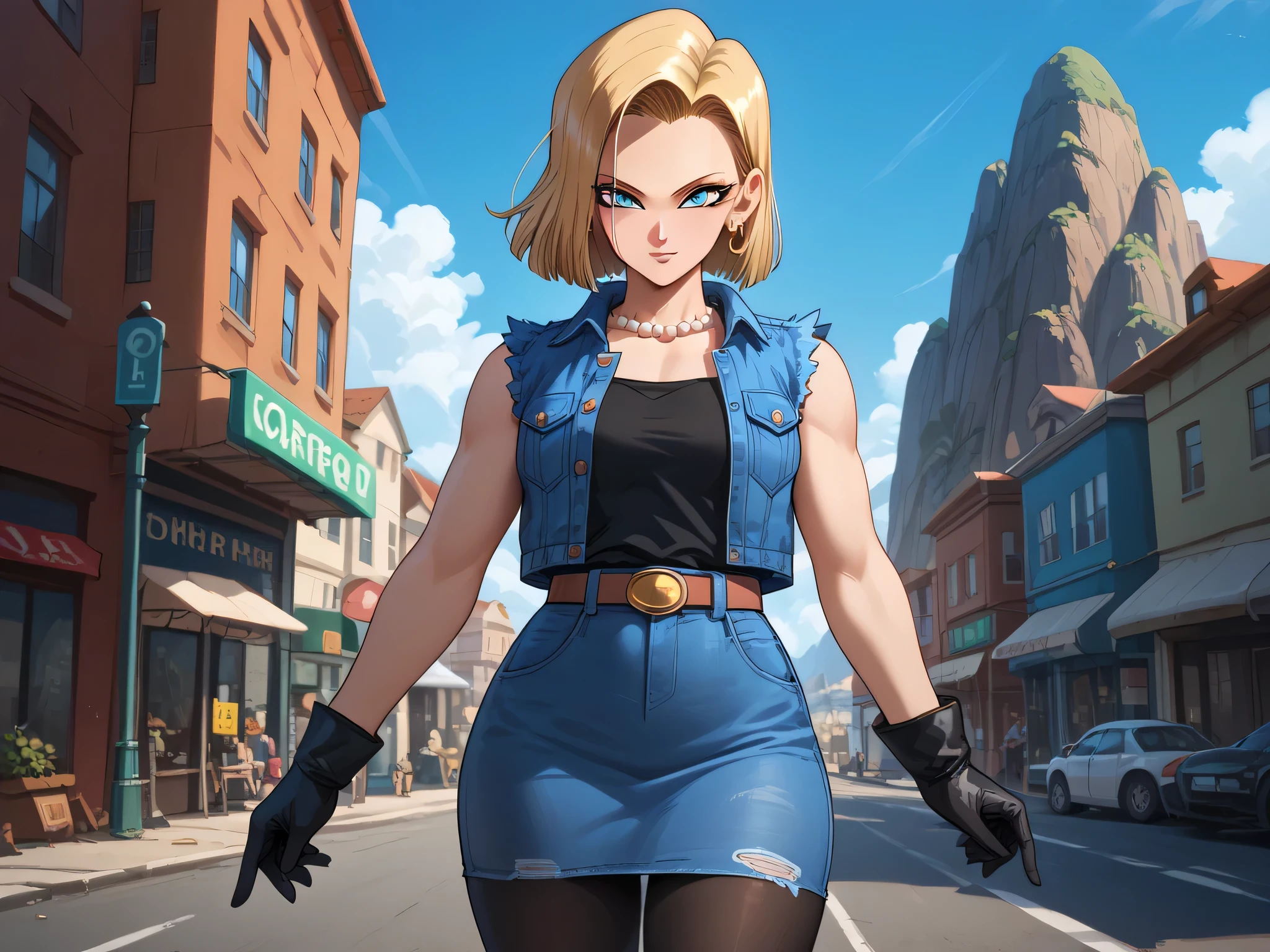 Android 18 from Dragon Ball, drawn in a detailed and realistic anime style. She has short, straight blonde hair, intense blue eyes, and a confident expression. She is standing on an urban street with mountains in the background and a partly cloudy sky. She wears a sleeveless blue denim vest, a tight black top underneath, a short dark green faux leather skirt, sheer black pantyhose, black gloves, a gold bracelet, and a pearl necklace. The lighting is natural and soft