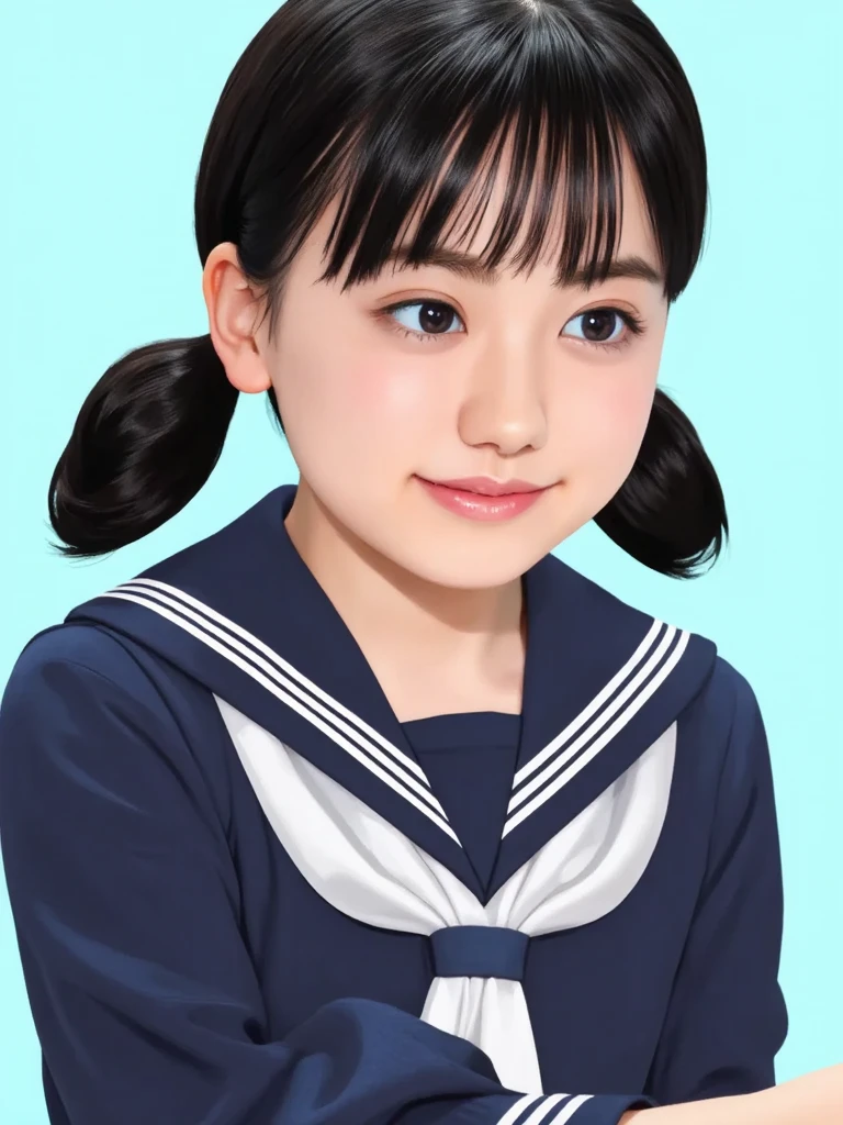 Hand-drawn watercolor illustration, Japanese elementary school students, Navy blue sailor suit,6 years old, cute, cute, Simple, Pencil line drawing
