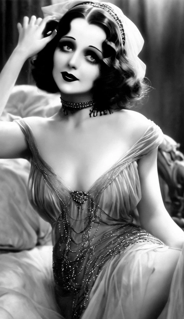 (1960s \(style\)), pin-up style, voluptuous woman in a tight-laced corset, huge hanging breasts spilling over the top, skindentation, ornate filigree, perfectly styled hairdo, parted lips, juicy lipstick, ruffled panties, long legs, thick thighs, stockings, soft lighting