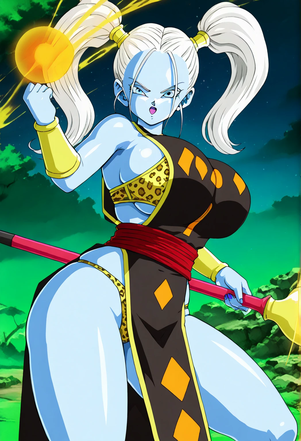 (((Dragon Ball))) Magic Deity mystical elegance. Her skin radiates a faint, pearlescent glow, hinting at her divine nature. Long, flowing hair the color of starlight cascades down her back, adorned with intricate runes that shimmer faintly with magic. Her eyes, pools of deep azure, hold galaxies within them, reflecting her profound wisdom. She wears a flowing, iridescent robe that seems to shift through various hues depending on the light, embroidered with arcane symbols that pulse with power.