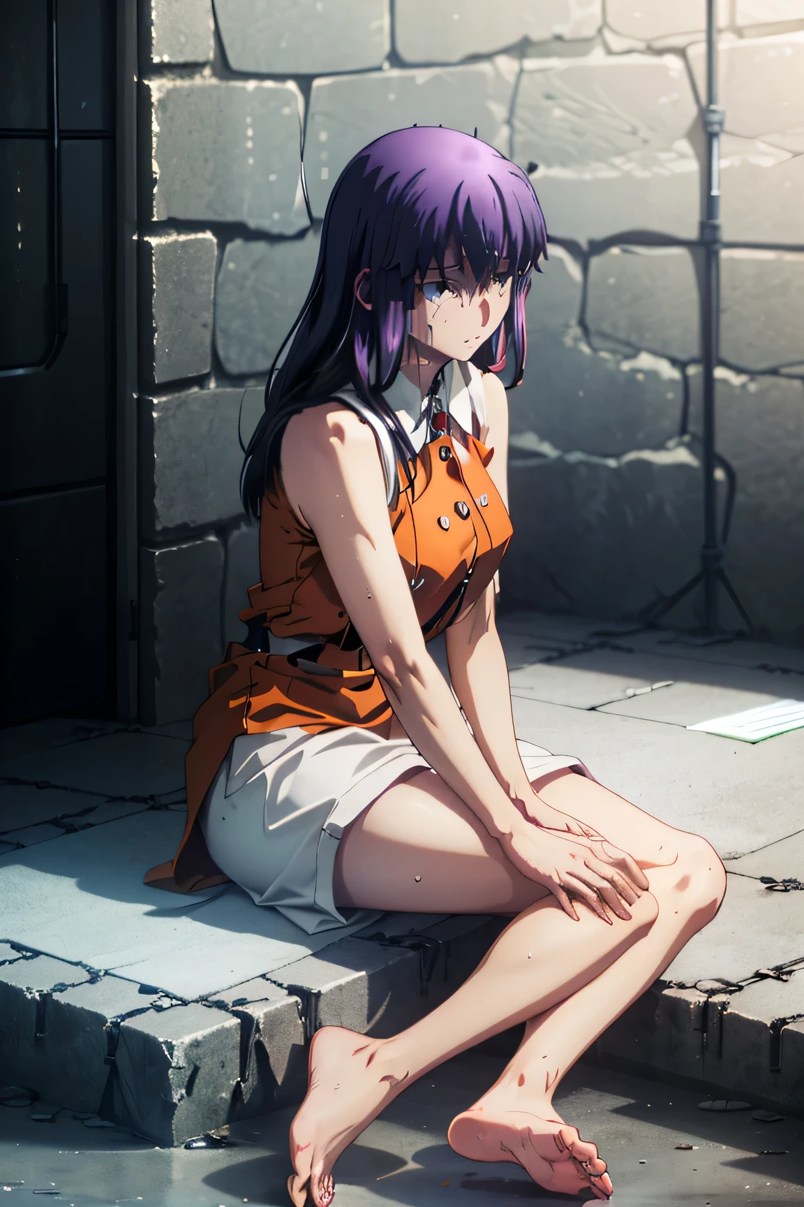 sakura matou, a girl, white skin, voluptuous body, beautiful body, violet hair, (long hair, loose and messy), purple eyes, (((wearing a short, sleeveless orange maximum security prison inmate dress with the identification number: inmate: M13195 engraved on the chest))), ((recreation yard of the maximum security prison fenced with large walls with barbed wire and watchtowers in a dirty, old condition and with an unpaved floor))), (((sitting on the floor. facing forward with her legs stretched forward, raised and separated focusing on her feet and the soles and toes))), (full body), (barefoot), (resigned mood), (tense and hot atmosphere), sunny day, (heat), ((dirty)), ((sweating)), (gloomy and depressing place)