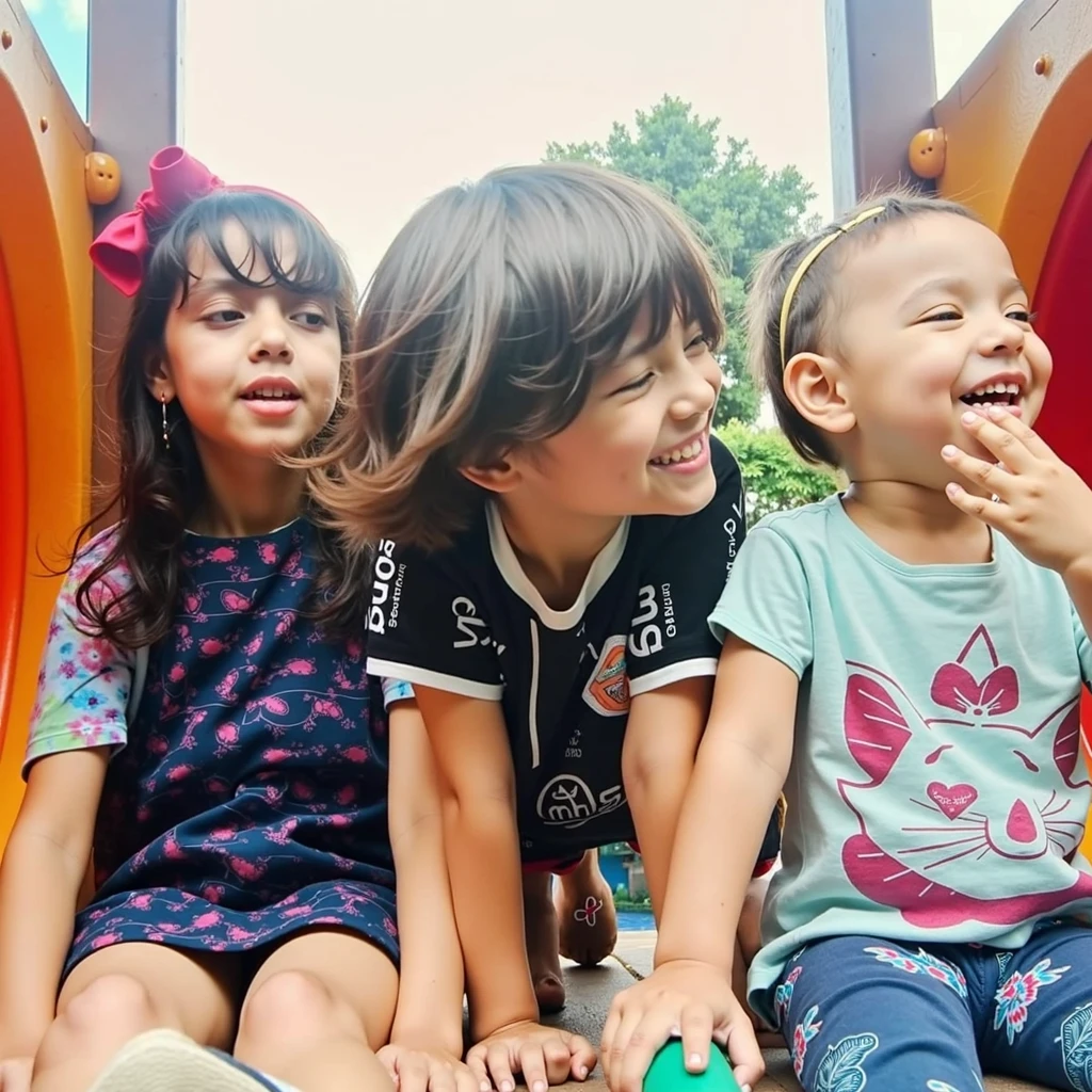 Happy three children，bubble blowing，zona rural