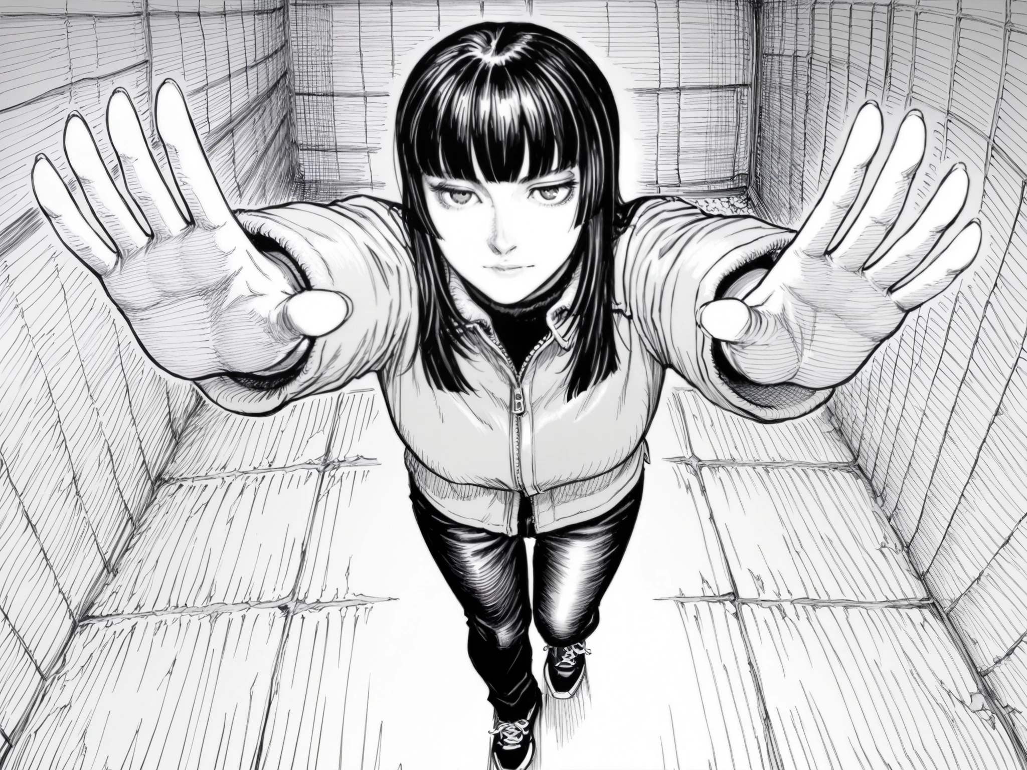 score_9, score_8_up, score_7_up, score_6_up, score_5_up, score_4_up, greyscale, monochrome
BREAK
(masterpiece: 1.0), best quality, perfect anatomy, perfect composition, perfection, manga, linear hatching, crosshatching, contour lines, hatching /texture/, hyperdetailed hatching, hyperdetailed crosshatching. Realistic proportions, realistic anatomy
BREAK
gachiakuta, monochrome, use of shape theory, use of anatomy, defined body, defined textures, defined fabric folds
BREAK
1girl, dynamic pose, foreshortening, hand closer to viewer, hime cut hair, black hair, grey eyes, open black puffer jacket, black shirt, black pants, black sneakers,