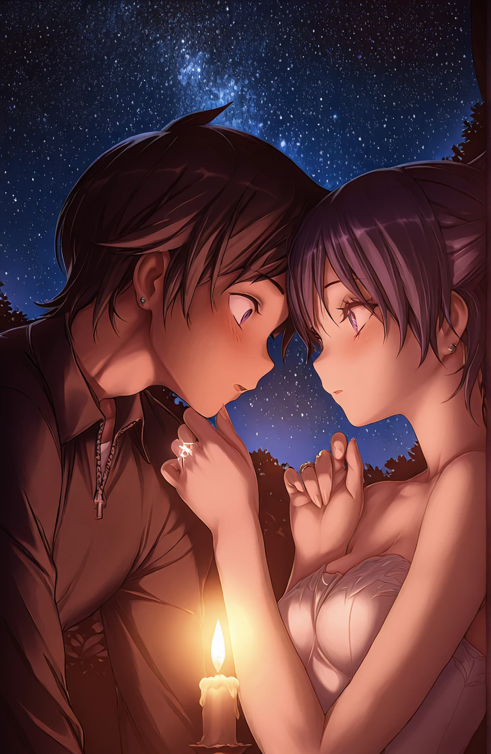 1 girl and 1 boy, luz de luna, proposal , romance, love, commitment, serenity, candle light, starry night, privacy, emotion, passion, diamond ring, Surprise, memorable moment, dreamer, reserved, encompass, whispers, , Eternity, fairytale,highres,ultra detailed,center,masterpiece