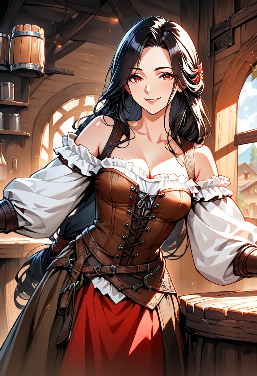 solo, ((masterpiece)),((high resolution)),((best quality)), extremely fine and beautiful, super fine illustration, (realistic skin), (insanely detailed anime eyes), mature, vivid and beautiful, shocking sensation, incredibly detailed, beautiful detailed girl, (tavern wench), (medium supple breasts:0.7), side view, looking at customer, black hair, (elf), (medium long elf ears), (white tunic, brown jerkin, brown medieval pants, soft brown boots:1.0) ((black hair)), (very long hair), (small breasts:0.9), (plump thighs:0.6), (wide hips:0.6), movie lighting, perfect shadow, realistic lighting shaded, medieval fantasy tavern scenery