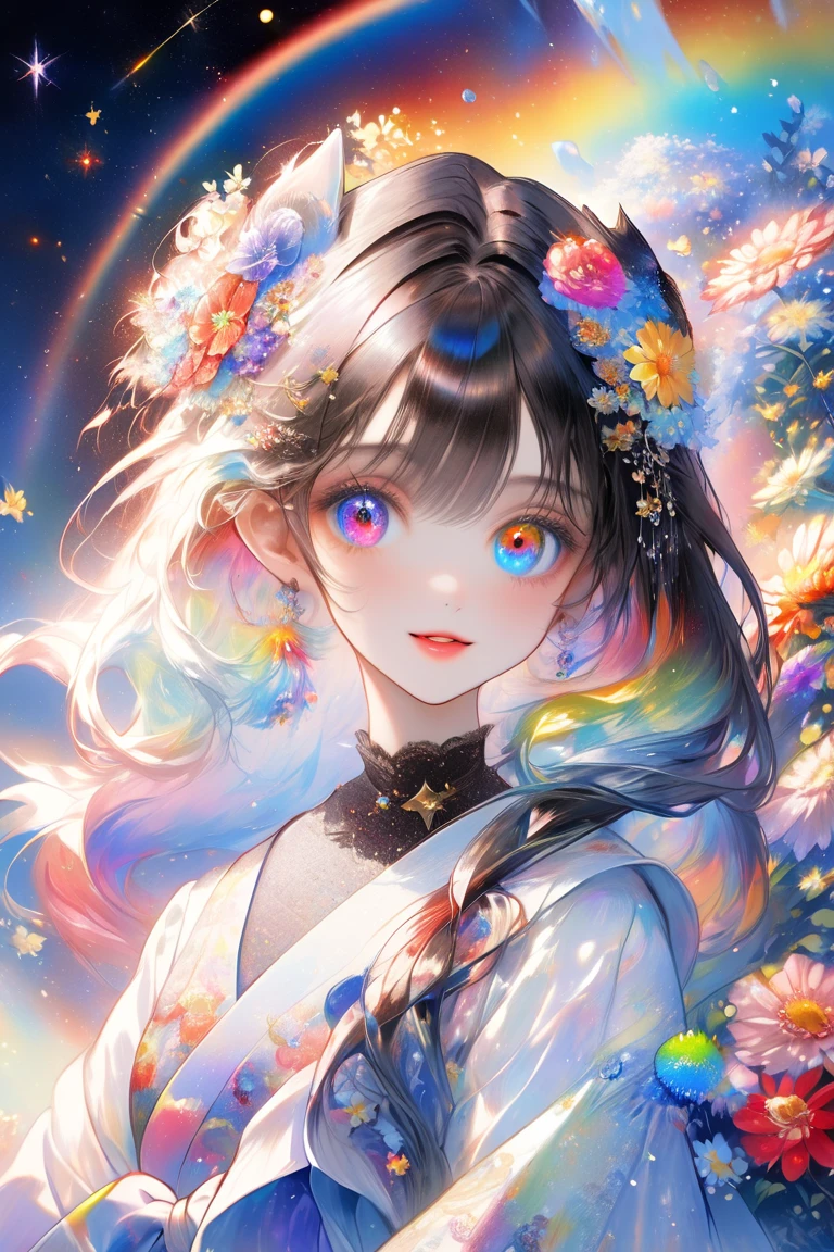 Chinese women, Face close-up, A female figure soaring high into the air, made of ribbons, cigarette, In the sky, Colorful and bright, Mysterious colors, modern impressionism, Portrait of Chen Yanjun, Iris Painting, 3/4 Perspective View, Cute Face, Low - Angle, Wide, swirling composition, Big beautiful crystal eyes, Big Iris, 超High resolution, High resolution, 8k, (masterpiece: 1. 5), (The most beautiful portraits in the world: 1.5)
