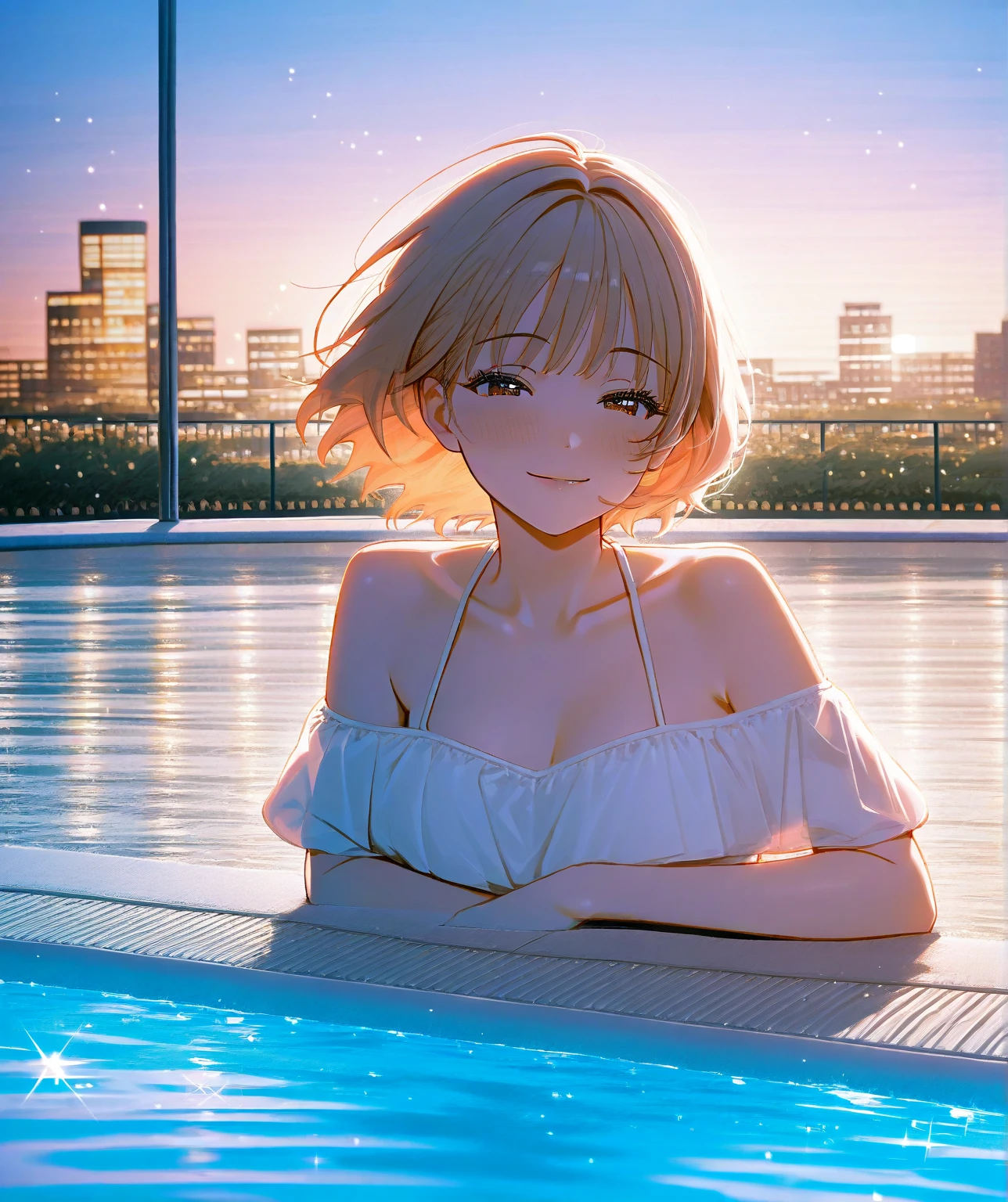 (best quality: 1.2, very detailed, high detail, ultra-high resolution, masterpiece: 1.2, top quality, best aesthetic, perfect lighting, best shadow, high contrast, high color saturation, the best natural light), anatomically correct, perfect hands,
((beautiful and attractive girl, 1 girl)), (20 years old),
(white bikini:1.3), micro bikini, gorgeous,
bob cut, shiny platinum blonde hair, bangs, (pink inner hair:1.1),
((small head:1.2)), (small face:1.2), slender body, slim, long limbs, fluffy breasts, medium large breasts, tan skin, wet skin, cowboy shot, shot from below,
midnight, background, sparkling starry sky, a beautifully illuminated night pool, moonlight, lighting from above,
smile, sensual look, sparkling dark brown eyes, moist eyes, (finely detailed beautiful eyes: 1.3), (eyelash:1.2), (eye shadow:1.2),
necklace, piercings, bracelet,
deep depth of field, anime artwork,