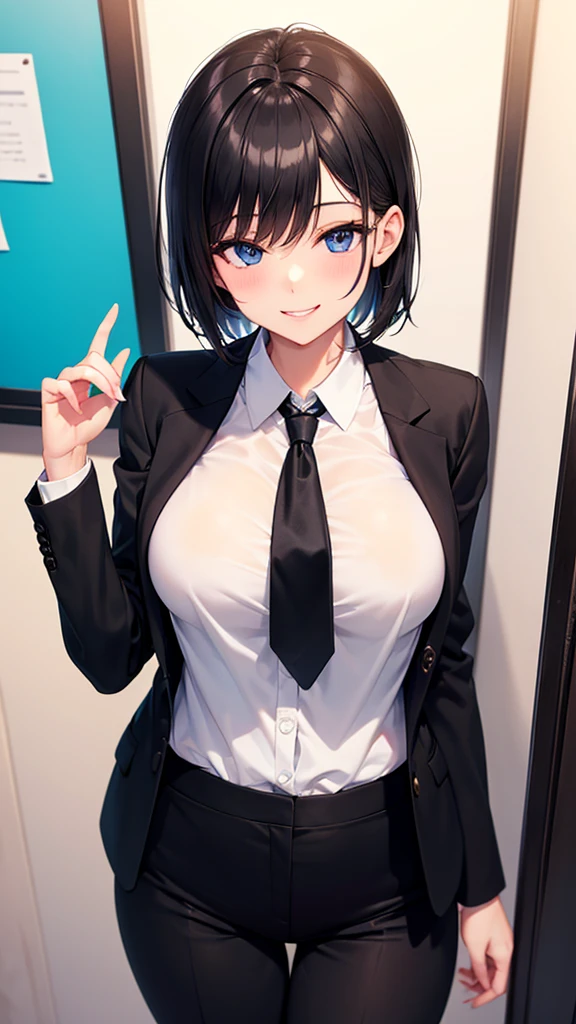 1 Girl, blush, cosmetics, Blue Uniforms, whole body, Wide Angle, from above, garden,Light, glow, thigh , clavicle, Willow Waist, (On the table), wallpaper,Wet、Micro bra that can be seen through clothes、Black short hair,Smile,greet,Hairpin,low collar,ditch,(((,pray))),Under the cherry trees,Heart-shaped neckline,Chest dew,Lend a helping hand,Uniforms,Suits,Black suit,Bare legs,pants