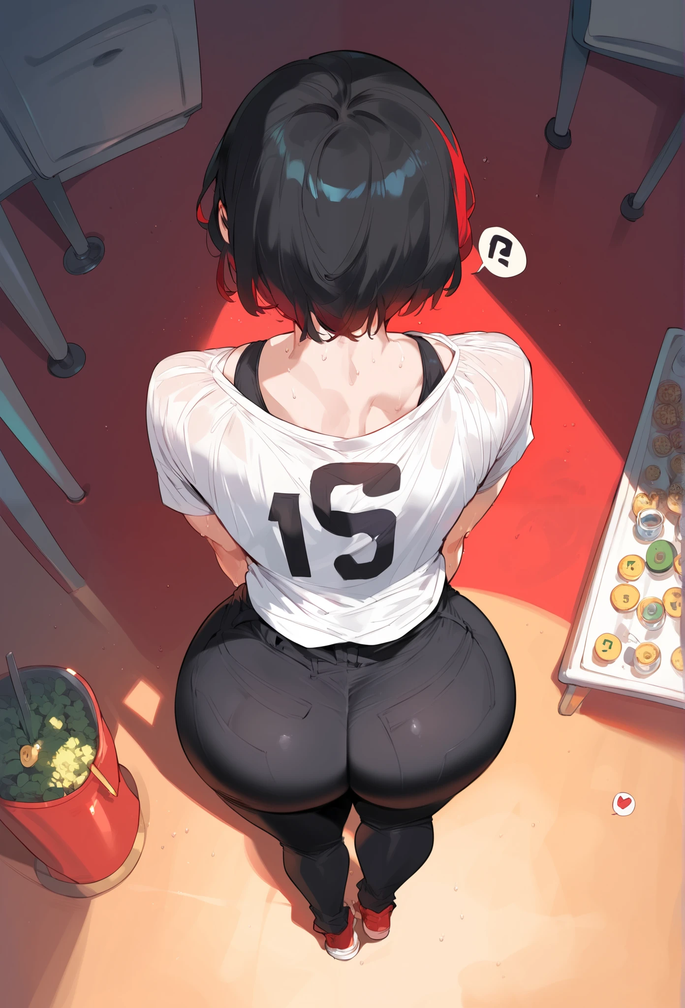 punctuation_9, punctuation_8_High above, punctuation_7_High above, punctuation_6_High above, punctuation_5_High above, mixed_artwork style, Dangling , big fit ass , neckleace, sweaty, sexy 1 girl, standing alone, hands, Asian, short black sleeveless t-shirt, black pants, short black hair with red highlights, Eyes red, ssmile,
