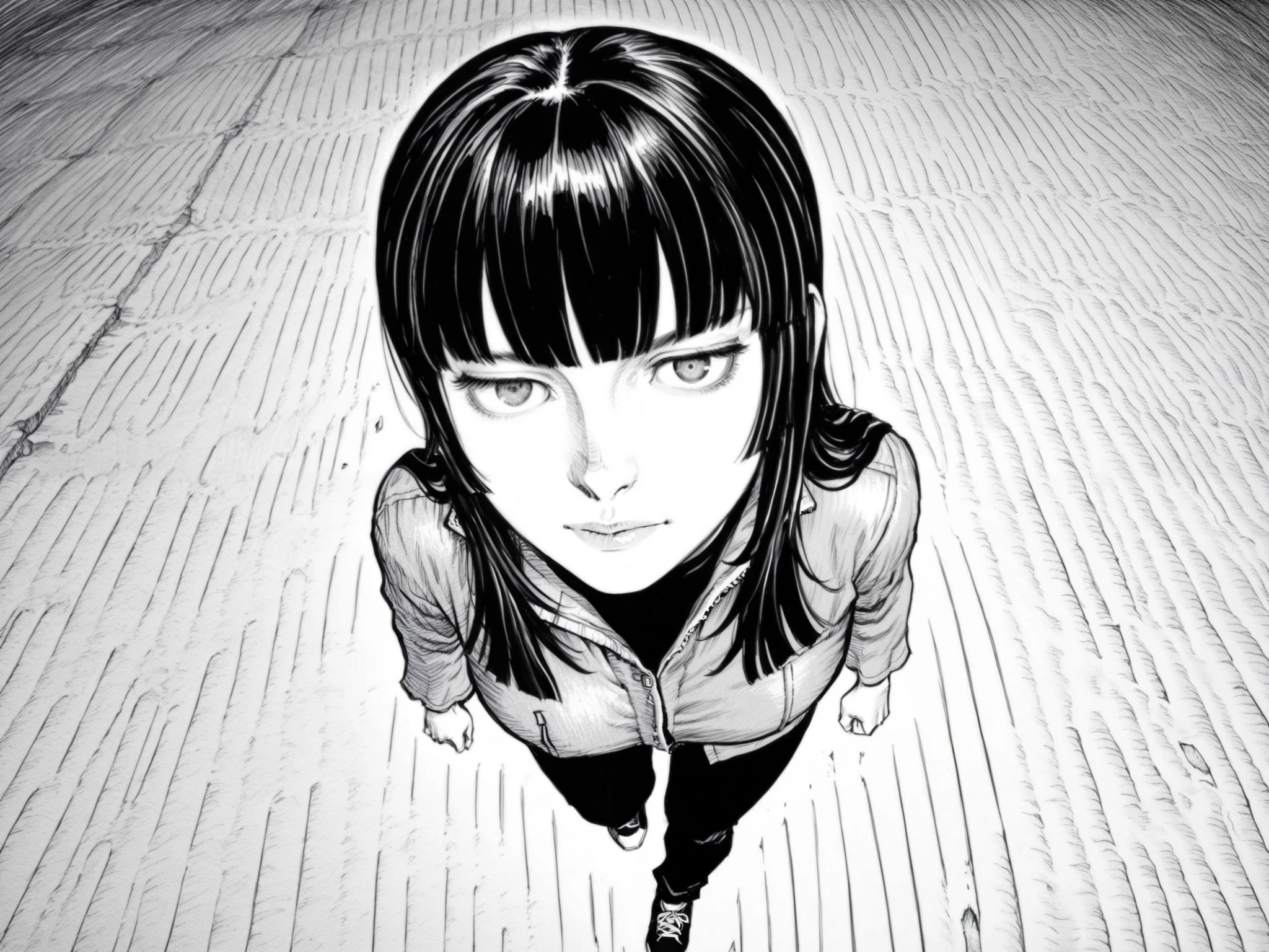 score_9, score_8_up, score_7_up, score_6_up, score_5_up, score_4_up, greyscale, monochrome
BREAK
(masterpiece: 1.0), best quality, perfect anatomy, perfect composition, perfection, manga, linear hatching, crosshatching, contour lines, hatching /texture/, hyperdetailed hatching, hyperdetailed crosshatching. Realistic proportions, realistic anatomy
BREAK
gachiakuta, monochrome, use of shape theory, use of anatomy, defined body, defined textures, defined fabric folds
BREAK
1girl, dynamic pose, foreshortening, hand closer to viewer, hime cut hair, black hair, grey eyes, open black puffer jacket, black shirt, black pants, black sneakers,