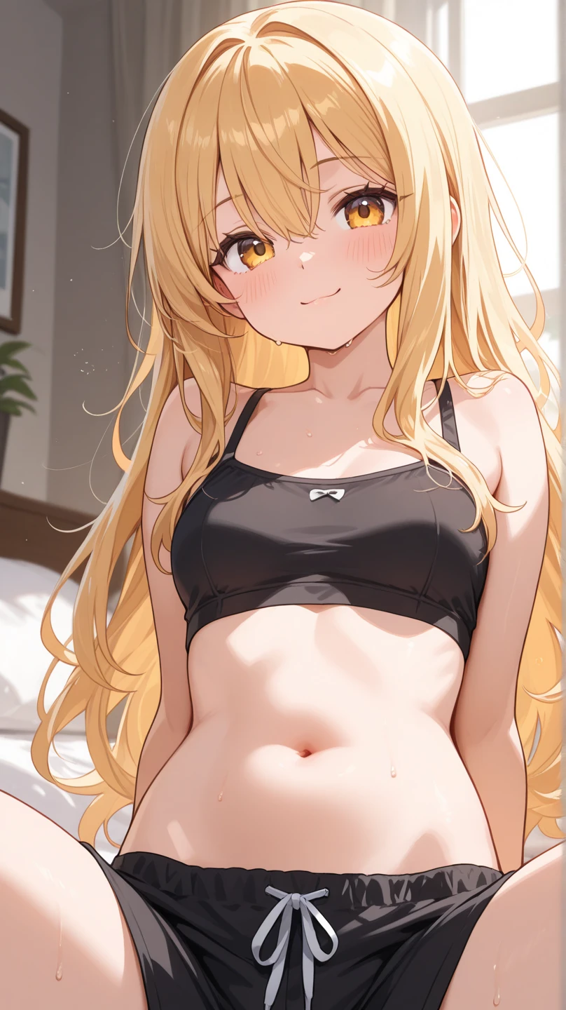(1girl:1.3), Masterpiece, Best quality, amazing beauty, 4K, absurdres, finely detail, super detailed eye, perfect anatomy, official art, cinematic lighting, BREAK, bedroom, silky medium long hair, blonde, super shiny detailed yellow eyes, cute eyes, Looking at Viewer(camera), Staring, embarrassed, BREAK , usually, slender, white skin, porcelain skin, Are standing, spread legs, arms up, full body, BREAK , (black underwear:1.2), (thigh-high socks:1.2), BREAK,()