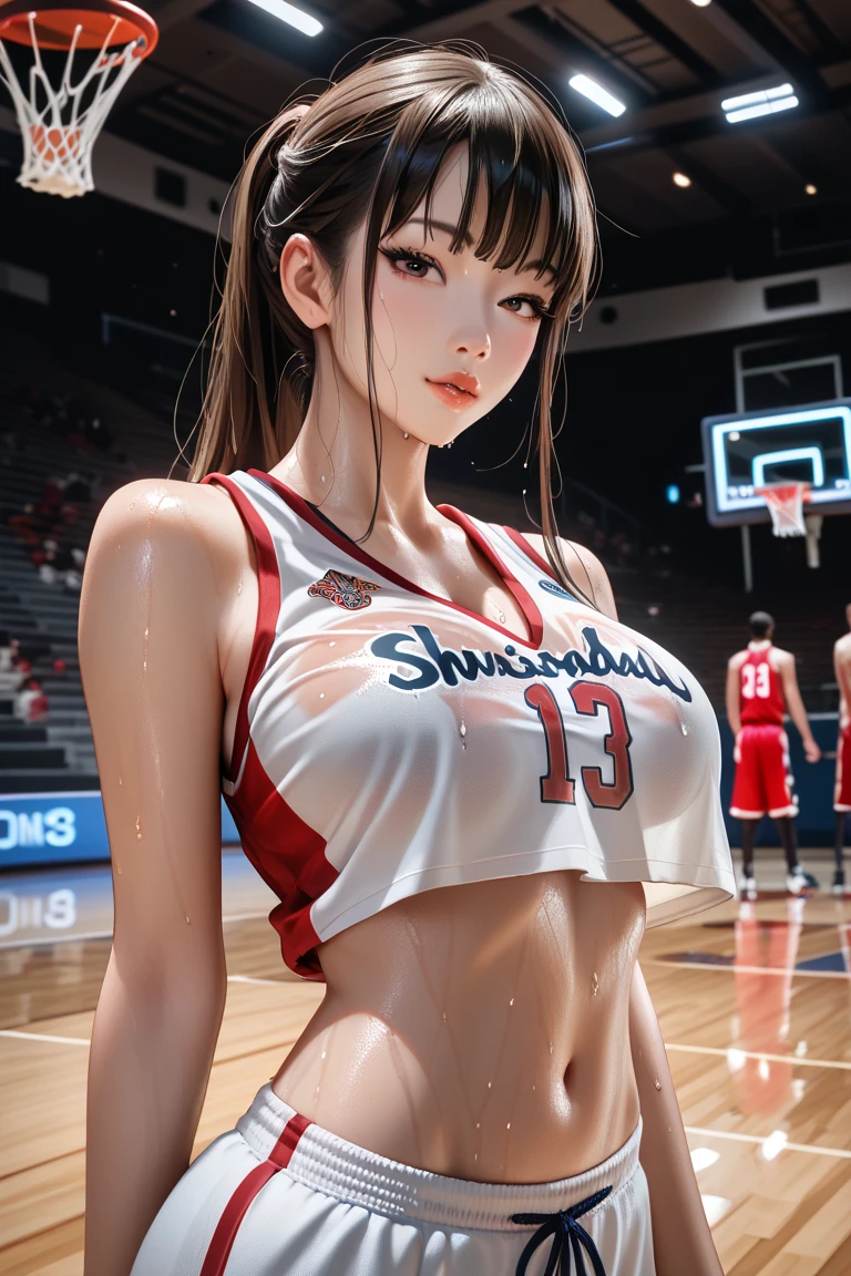 (One Girl), Very cute face, Great face and eyes, (Highly detailed eyes, Highly detailed face), Fresh, Very beautiful appearance, (Ultra-realistic, High resolution), (Highest quality:1.4), RAW Photos, (Realistic, Realistic:1.37), Professional photography , (A pale pink basketball uniform that becomes transparent when wet )  , (Cleavage:1.2), (Expose your shouldersさせる), (Laugh a little), (look at me), Bedroom, Portrait of a Girl  , (Huge breasts)   , Expose your shoulders , young woman , (ponytail) , (Her uniform fits her body perfectly..) , (Place your hands behind your head、Exposed armpits:1.2) , (My chest is sweaty:1.2) , (Armpit hair:0.9) 