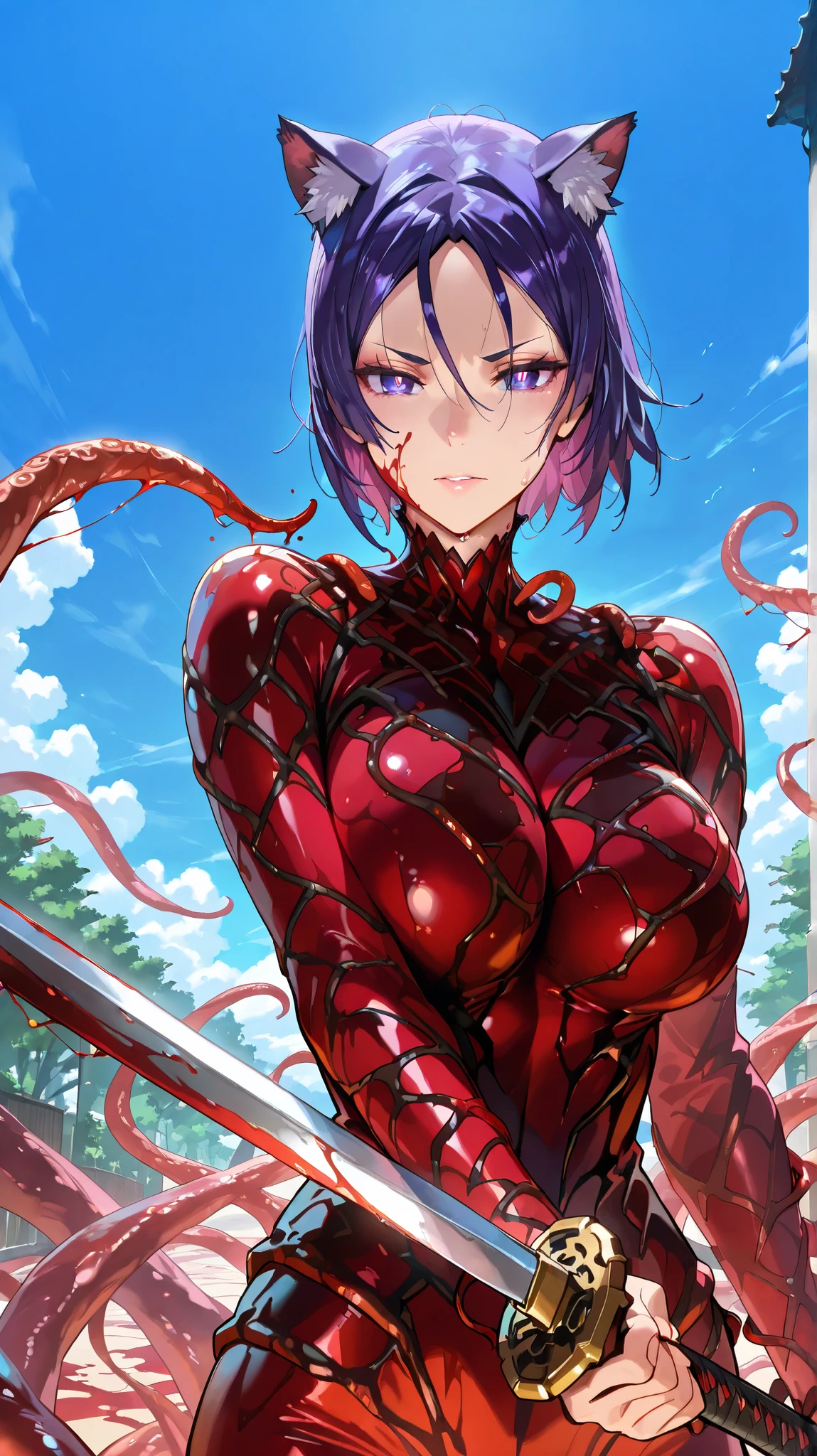 masterpiece, top quality, best quality, official art, beautiful and aesthetic:1.2),(8k, best quality, masterpiece:1.2), (((masterpiece))),(((best quality))),(((extremely detailed))), illustration, who, (masterpiece, top quality, best quality, official art, beautiful and aesthetic:1.2),(8k, best quality, masterpiece:1.2), Minamoto no Raikou, Fate Grand Order, purple hair, purple hair, bright pupils, 1girl, weapon, animal ears, sword, holding weapon, solo, holding sword, holding, ((Carnage:1.3)), Carnage (cosplay), symbiote (cosplay), (many tentacles:1.5), ((blood tentacles:1.5)), blue fire, upper body, breasts, outdoors
