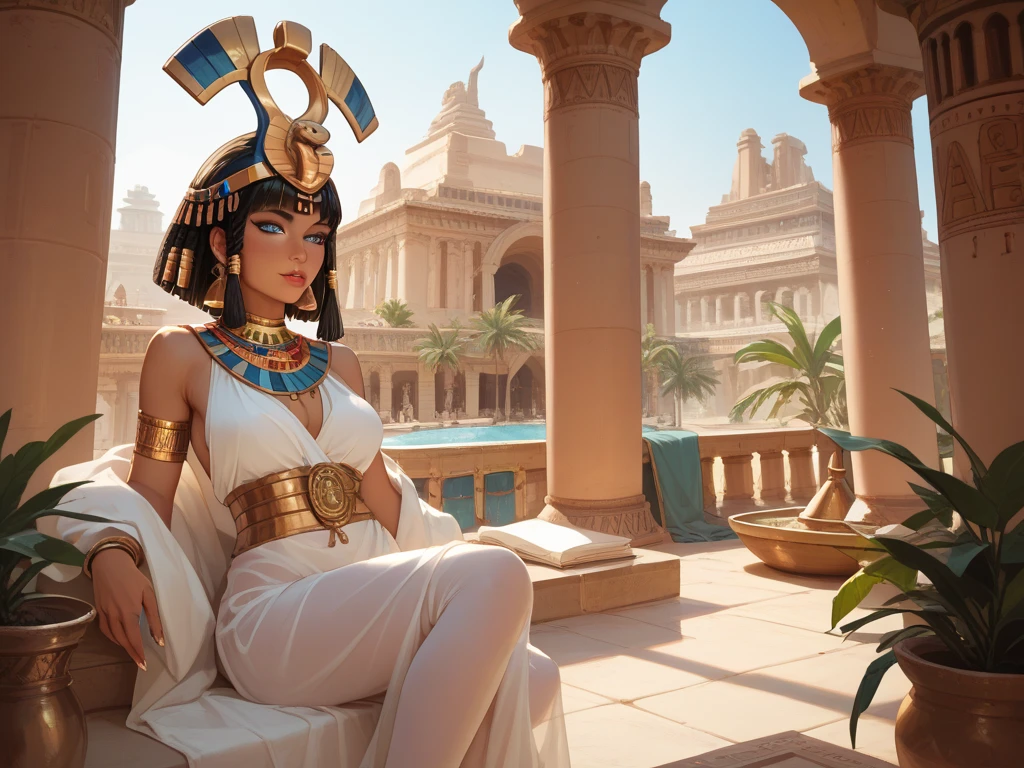 Create a highly detailed illustration of Queen Nefertiti from the 14th century BC, the Great Royal Wife of Pharaoh Akhenaten. Nefertiti is depicted with her iconic beauty, featuring a tall, flat-topped blue crown with a golden band and cobra emblem. Her face is shown with perfect symmetry, almond-shaped eyes lined with kohl, high cheekbones, and full lips. She wears a white, pleated linen gown adorned with gold jewelry, including a broad collar necklace and arm cuffs. The background should resemble an ancient Egyptian palace, with hieroglyphics and stone columns highlighting her royal status and the historical setting.
