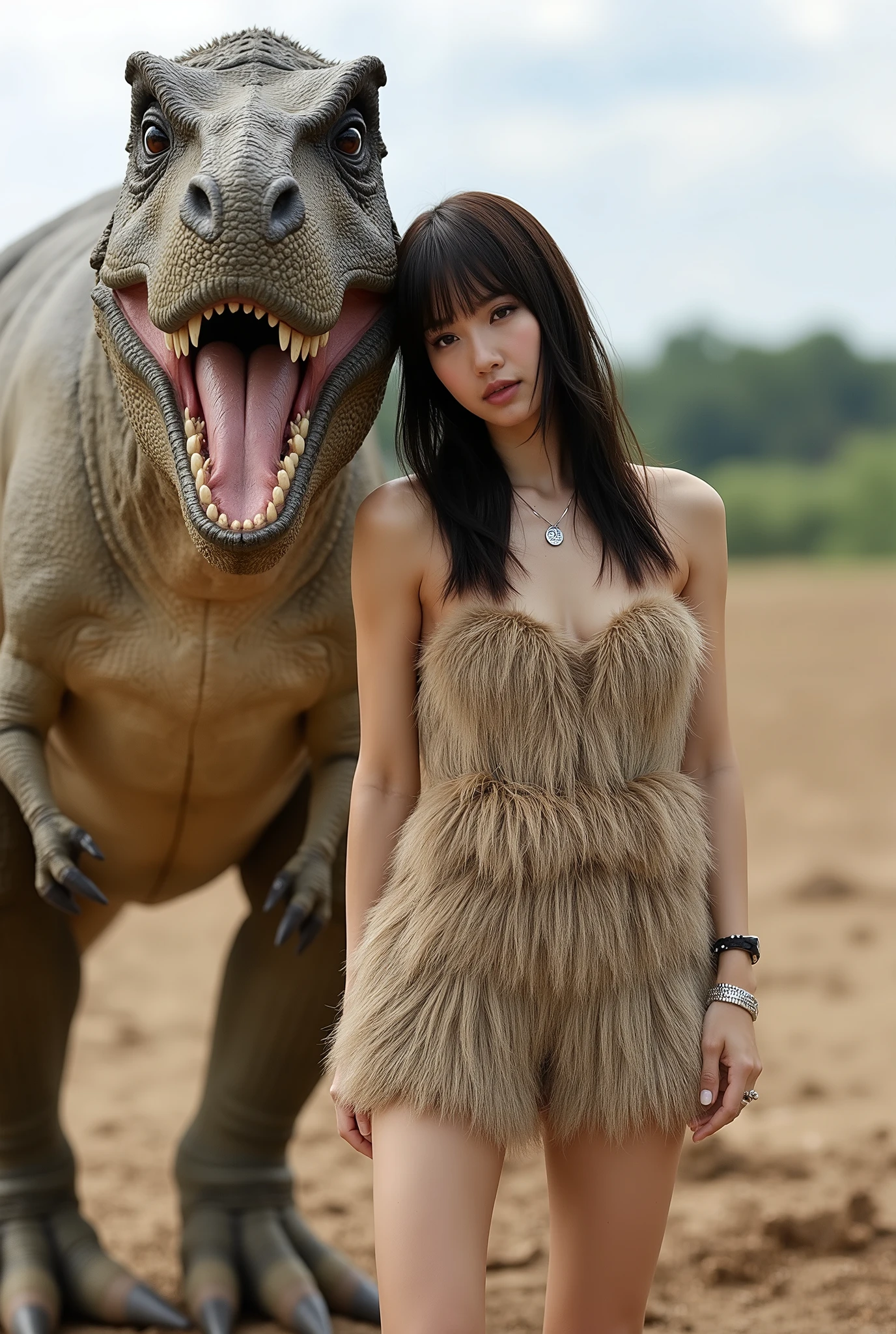 Create a portrait of a stunning Japanese female singer, featuring a slender physique with small breasts and thin legs. She has long hair with bangs and is wearing a primitive fur mini dress. The scene captures her standing beside a Tyrannosaurus Rex for a commemorative shot, set against a backdrop of a Cretaceous plain. Use a dynamic angle to enhance the composition.
