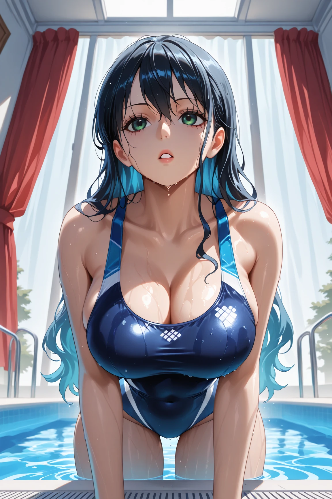 (Masterpiece, BestQuality:1.3), (ultra detailed:1.2), (hyperrealistic:1.3), (RAW photo:1.2), High detail RAW color photo, professional photograph, (Photorealistic:1.4), (realistic:1.4), professional lighting, perfect anatomy, (Big Breasts:1.2), (blush, detailed face), (cheerful Smile:1.5), (Blue Hair:1.5), Trending Hair&Trending Hairカラーをランダムに, earrings, necklace, bracelet, sexly, erotic sexly, Random sexy gravure poses, (A woman in a red bikini、She is sitting on the edge of the pool and posing sexy with a happy smile.。Blue Hairのロングヘアが水に漂っている。: 1.3)