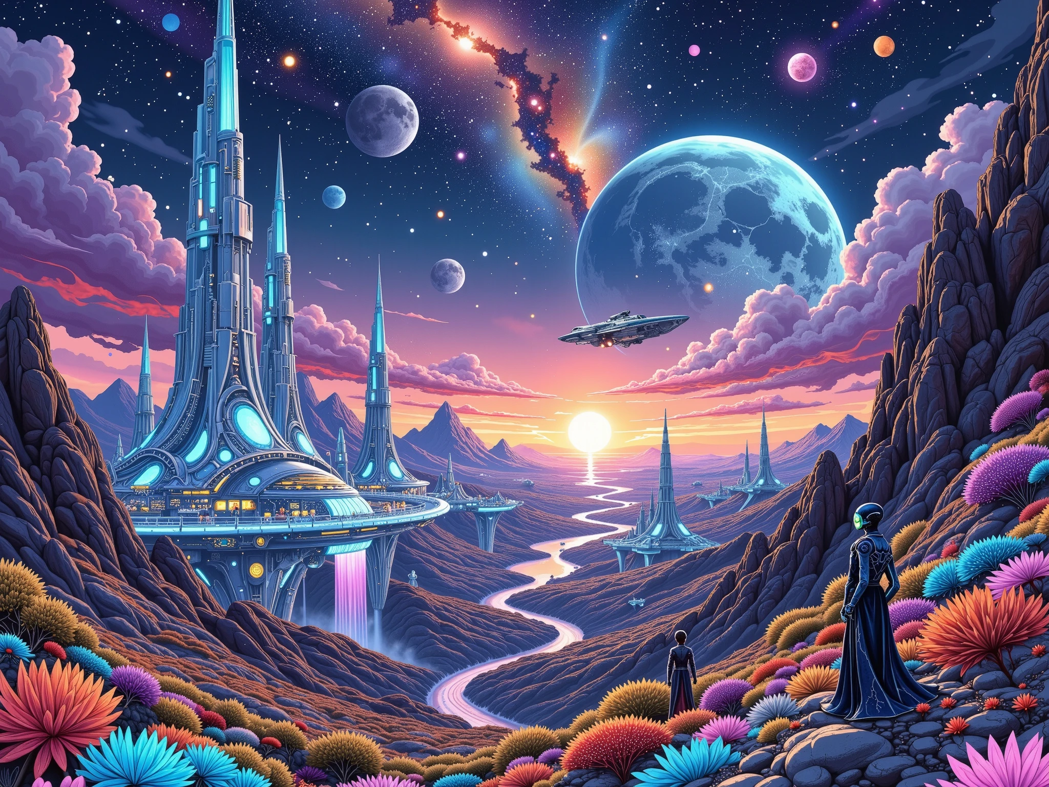 "Futuristic-style (cosmic vistas:1.3), depicting a breathtaking alien planet being colonized by advanced civilizations. The landscape features towering crystalline structures (alien architecture:1.4) surrounded by glowing bioluminescent flora in vibrant neon colors, reflecting the planet's unique ecosystem. Futuristic cities rise on the horizon (advanced tech utopia:1.3), with sleek metallic buildings and floating platforms interconnected by shimmering energy bridges.
The sky is vast and cosmic, painted with swirling galaxies, clusters of radiant stars, and vibrant nebulae (interstellar details:1.4), while multiple moons orbit the horizon. Spaceships hover gracefully above the surface (dynamic motion:1.2), releasing streams of glowing light that nurture the planet's terrain. Alien settlers with intricate suits and glowing visors interact peacefully with native life forms, symbolizing harmony and ingenuity. Style: hyper-detailed, vibrant, cinematic lighting, smooth textures, clean futuristic lines, and awe-inspiring cosmic aesthetics."