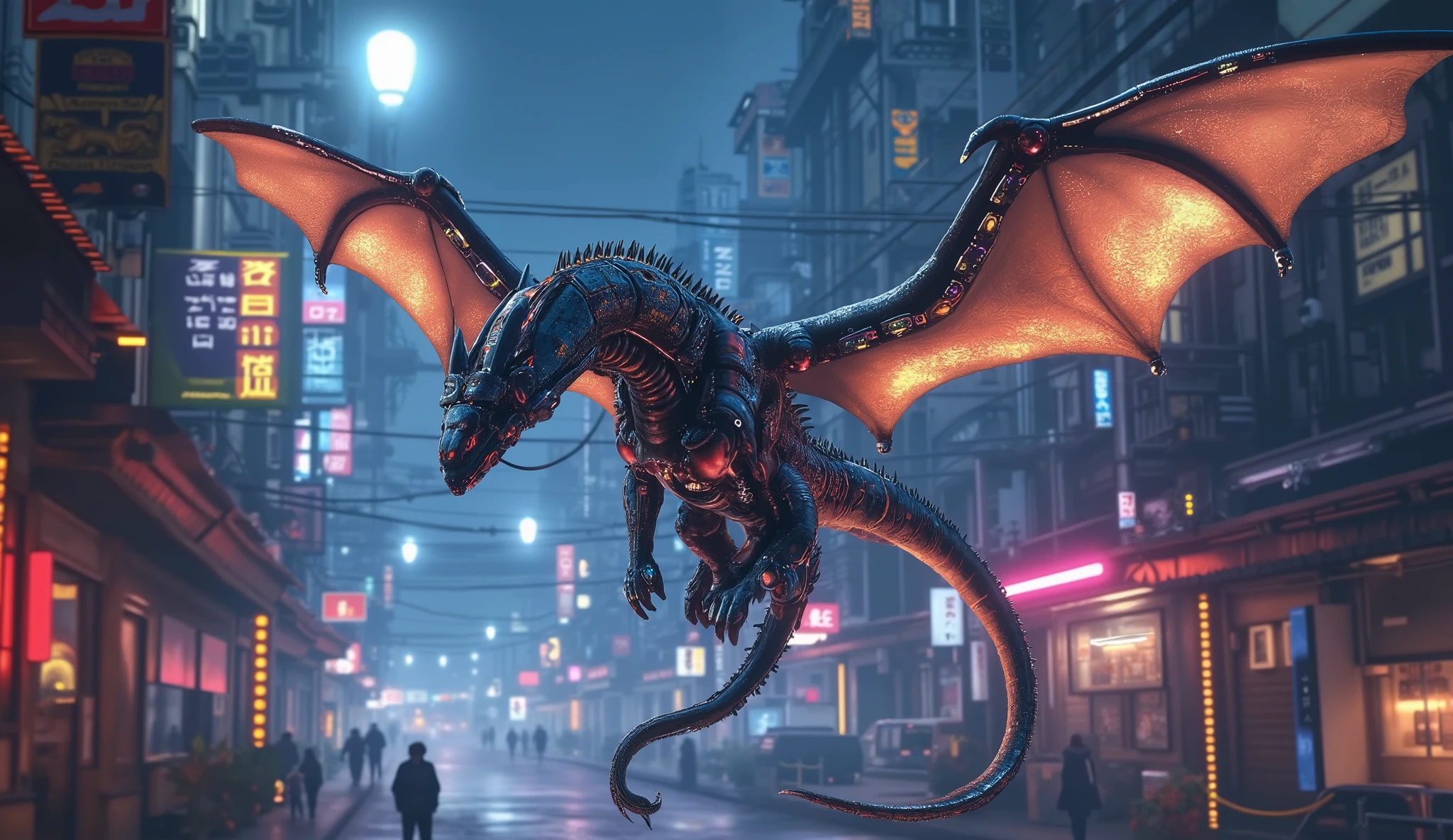 surreal fantasy, cyberpunk, steampunk, neon, A dragon with mechanical wings and glowing circuits, soaring over a street futuristic city.: artgerm, highly detailed, ilya kuvshinov, volumetric light, yoshitaka amano, Canon50, infrared
