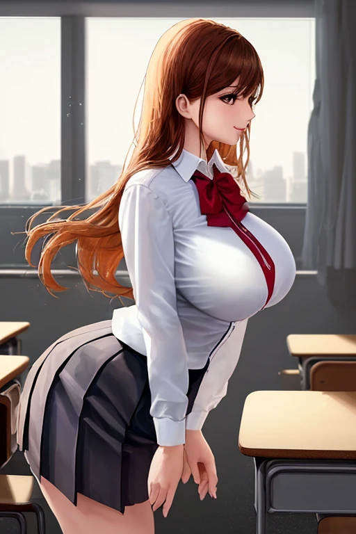 1girl, natural lighting, masterpiece, highly detailed, illustration, game CG, absurdres, high quality, aichan, large breasts, beautiful detailed eyes, detailed hair, glossy lips, blush, school, white shirt, black pleated miniskirt, very curly hair, leaning forward, ((strawberry blonde hair)), looking back at viewer, (panties:0.8)