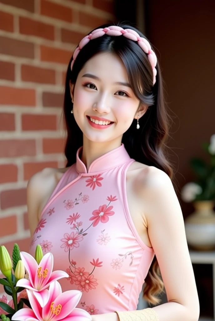 nikon RAW photo,8k,Fujifilm XT3,masterpiece,best quality,realistic,photorealistic,ultra detailed,extremely detailed face,cinematic lighting,cafe,gril,1girl,solo,full body,earrings,medium breasts,dynamic pose,happy,Surrounded by red flowers,(flower:1.2),Rich details,Viewing Girls through Objects,white QIPAO,<lora:qipao_lora:0.3>,smile,