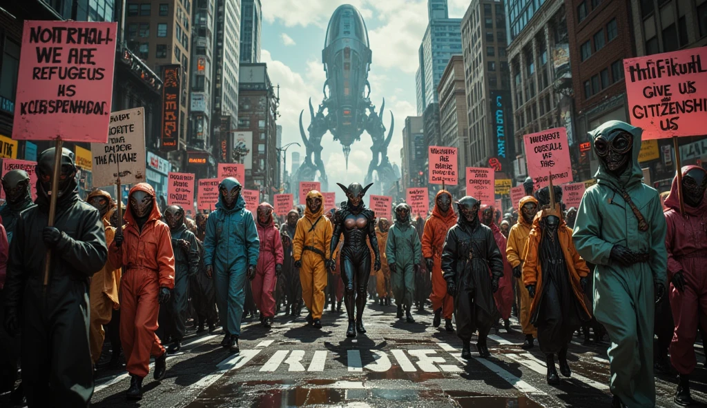 (masterpiece, great quality, ultra-detailed, masterpiece, top quality, film grain, ultra-detailed, videography, , , , adult content, explicit,  face, orgasmic face, focus on chest, ultra-real, concept art, dark theme), 
Poster for a science fiction film, the title of the film “Black Joke” is written at the bottom of the picture,
Parade of colorfully costumed aliens marching down a city boulevard,
The aliens carry placards in their hands,
Each placard says “We are refugees”, “We are pitiful”, “Give us citizenship”, “Support us”,
Aliens holding placards, space battleships waiting in the sky for their turn to land,
The first stage of the invasion,