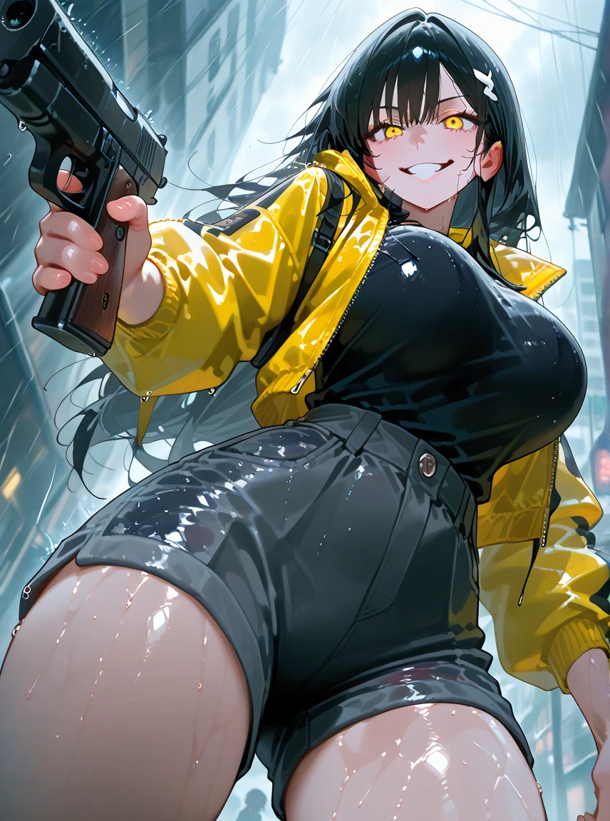 Masterpiece, Image/ Beautiful Black haired Female, Open shirt, breasts open, Fire Fighter Woman, standing in busy Street, wearing Firefighter hat. Fire trucks, Fires, explosions and chaos in background.