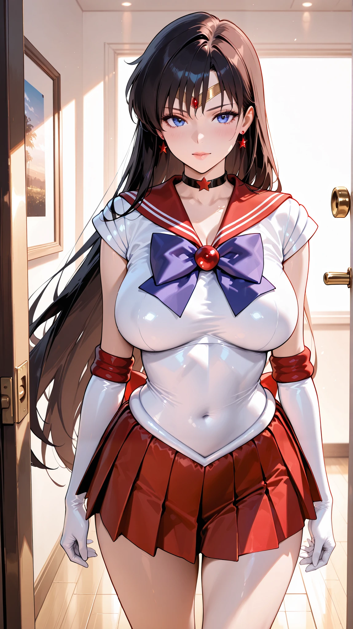 (software:1.5), (realistic), (masterpiece, of the best quality, high definition, detailed hands , detail face,  perfect lighting), ( 1 Police Woman , alone, Detailed Girl ,  ( Sailor Mars),Adult body、  eyelashes), Bent,( Gold,  long hair、black hair、 blue eyes, Big Breasts),[ wide waist, (Sailor Mars衣装、Red Pleated Skirt、Faithfully Reproduced Clothes),、( Wiggle it、 Private room from the front with a black collar、(focus on face:1.3)、胸のClose-up、extreme closeup、(Video Viewer:1.2),High Angle、