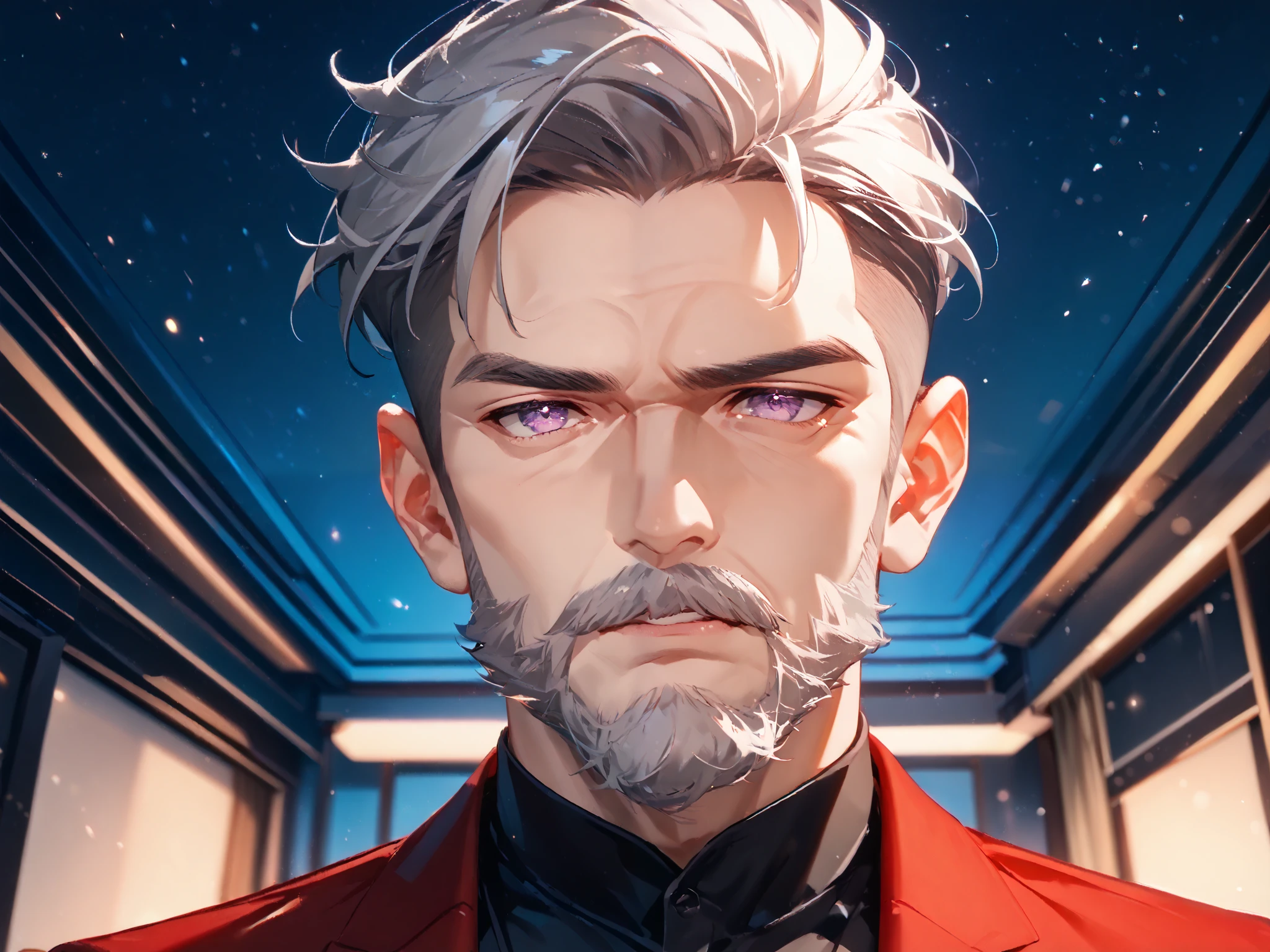 solo, 1boy, old, rich, close portrait, stands in front of the viewer, above the viewer, sad, purple eyes ((Eyes with high detail, no defects, pupils of equal size)), rough face, old face, forehead wrinkles, eye wrinkles, cheek wrinkles, chin wrinkles, manly face, face of old man, facial hair, big beard, lush beard, (gray beard), loving gaze, sympathetic look, full lips, gray hair, undercut, full red jacket, black dress shirt, modern mansion, modern european style, minimalist modern, elegant interior, (white walls), no flashing luxury, indoors, (night), particles, fractal, best quality, 8k, highres, masterpiece, ultra-detailed, dramatic lighting, moonlight