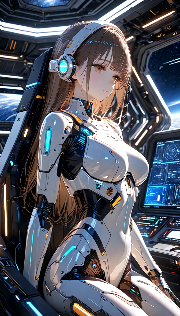 Breathtaking beauty, ultra high quality, 8k, Detailed animation of a cyborg drifting through space, from side:1.331, sharp gaze, A stunning mix of humans and machines, Futuristic Spacesuits:1.331, Cyberpunk style futuristic space helmet:1.6, カメラレンズのようなsuper preciseな瞳, eyes are composed of multiple lenses, The eyes shine clear brown, power tubes connect to joints, surrounded by intricate metal parts and biomechanically reinforced parts, Fusion of organic tissue and advanced technology, semiconductor circuits fill the body, has a sophisticated sci-fi aesthetic, super precise, Movie Lighting, Ultra Realistic Textures, space station observation deck, on the,