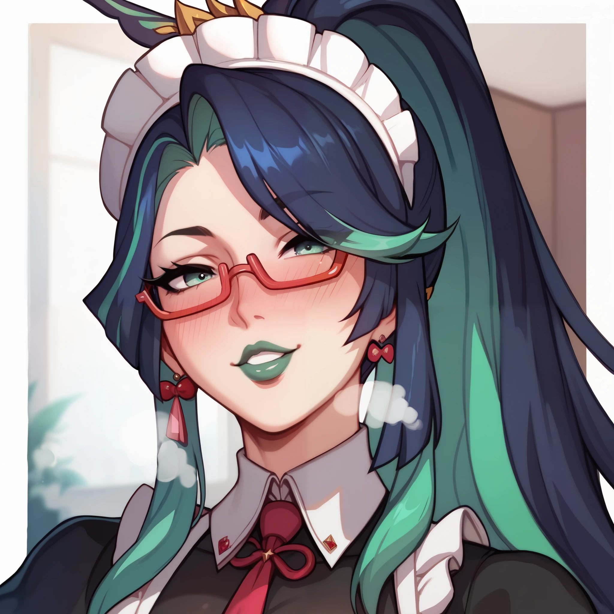 A female,green lip gloss, streaked hair, long ponytail, shiny hair, maid headdress, red over-rim eyewear, full blush, parted lips, seductive smile, heavy breathing, framed, tachi-e, stereogram, UHD, textured skin, masterpiece, highres, 16k, 1080P,Upper focus