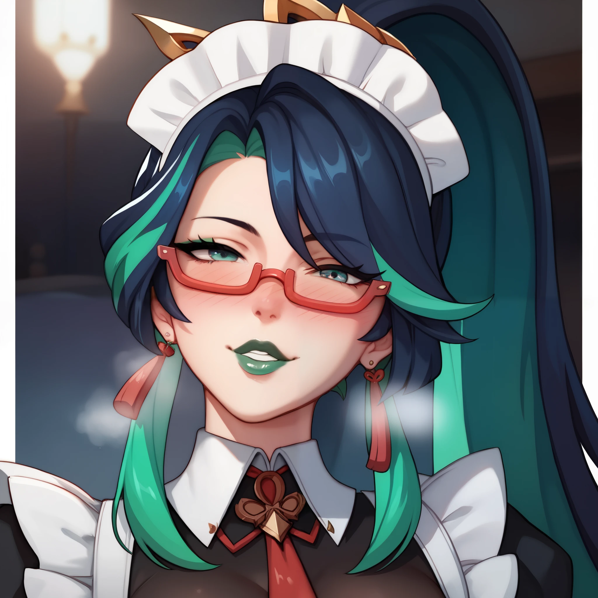 A female,green lip gloss, streaked hair, long ponytail, shiny hair, maid headdress, red over-rim eyewear, full blush, parted lips, seductive smile, heavy breathing, framed, tachi-e, stereogram, UHD, textured skin, masterpiece, highres, 16k, 1080P,Upper focus