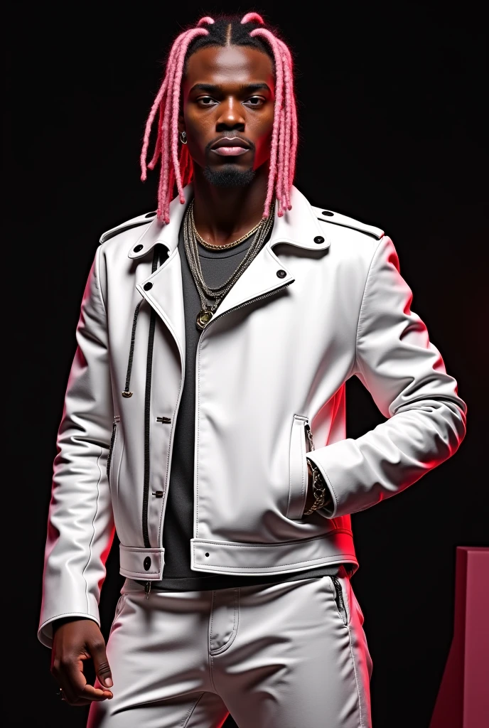 create a album cover with an athletic black young man, his hair is mid-length, curly and blonde with platinum highlights.
His face is youthful and sassy, he's wearing lipgloss on the thick lips. His outfit is futuristic and platinum with silver reflective vinyl, he's wearing a crop top with oversized baggy daddy pants, platinum overcoat and black combat boots. He's holding a harmless knife.