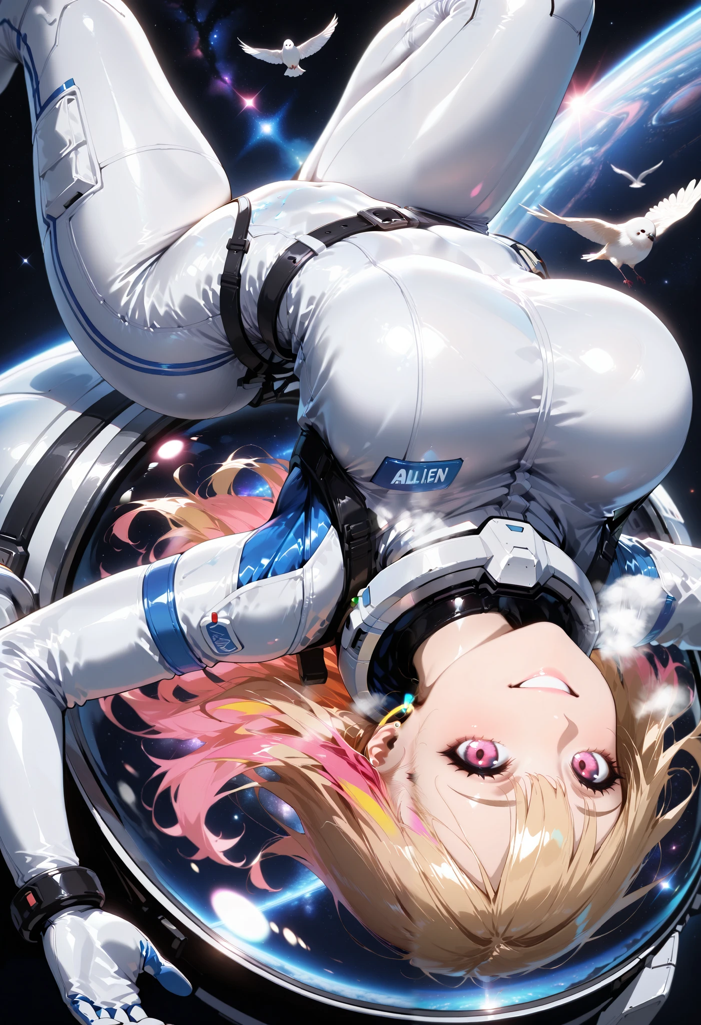 (masterpiece, absurd quality , high resolution, original, Best Quality, newest), cowboy shooting, bokeh, depth of field , textured skin in 10,000 holes. from above , high angle , bird’s eye view , Starry Universe, Big beautiful sun in the background,1 girl, blonde hair, long hair, pink eyes, earrings, multicolored hair , Space Suit, arched back ,upside down , 1 boy , size difference , Alien, belt, large breasts , ,(smile),(steam on body, heavy breathing), Shiny ,Skin


