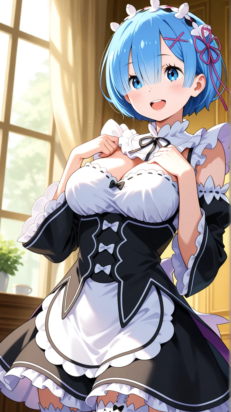 (master part, Very high resolution, Photo-Réalística:1.4), Rem do anime "re:zero," Dress only with bra and thong, Her large breasts slightly squeezed by the small bra, the floss showing off her curved and round buttocks, his slender body accentuating his fascination, situado em seu quarto, o ambiente iluminado perfeitamente pela luz de velas, criando uma atmosfera sensual, profundidade de campo (DOF), Super-Resolution, High megapixel waiver, Cinematic lighting, Anti-aliasing techniques (FKAA, TXAA, RTX), SSAO (Screen Space Environment Occlusion), post-processing effects, Mapeamento de Tons, Enigmatic Express, olhar cativante, Pose sedutora, Elegant Room Décor, sombras sutis, brilho quente da luz das velas, Intimate setting, ((wearing a transparente dress)),