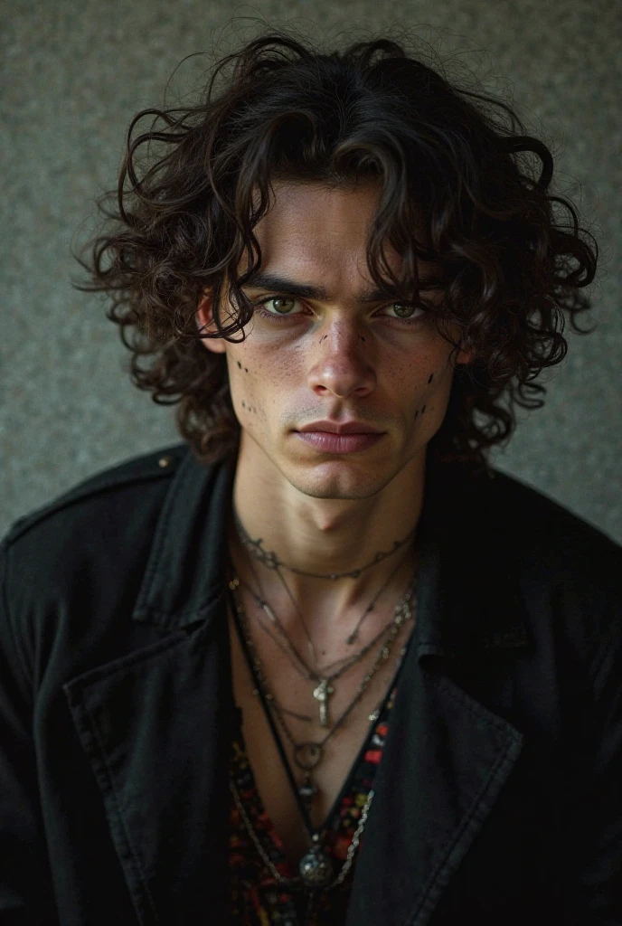 17-year-old . He has slightly tanned skin, brown eyes and black curly hair that reaches his ears, his most distinctive feature is the various piercings he has, one on the lower lip, one on the nose and another on the navel. He usually wears baggy clothes and uses a grunge style. Carefree, posing for a photo
