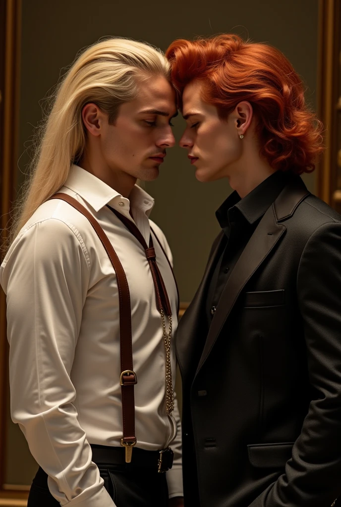 A tall man, yellow eye, long red hair, with open black dress shirt, bare chest, sensual, sexy skin, dress pants, holding a whip, licking his lips, malicious face, sensual, (realistic photo) super detailed, high resolution, fine details, illustration, real features, high quality, masterpiece, best quality -- --auto