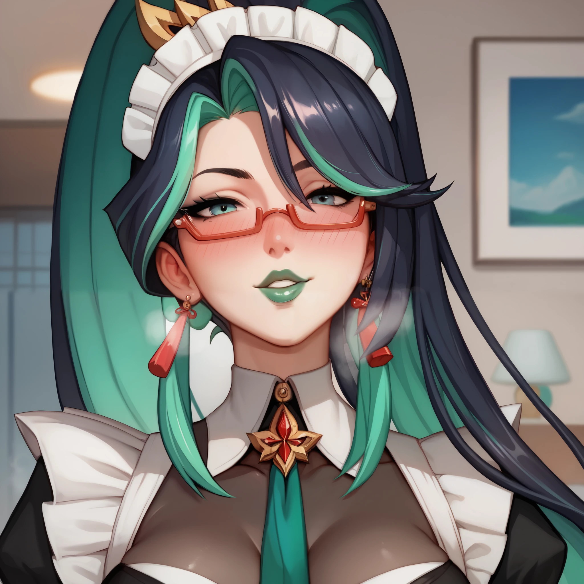 A female,green lip gloss, streaked hair, long ponytail, shiny hair, maid headdress, red over-rim eyewear, full blush, parted lips, seductive smile, heavy breathing, framed, tachi-e, stereogram, UHD, textured skin, masterpiece, highres, 16k, 1080P,Upper focus