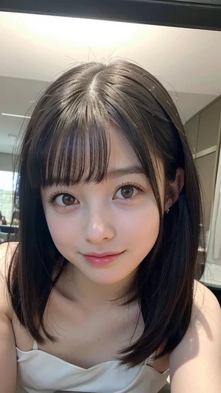 20-year-old woman、Big dark eyes with long eyelashes、Small nose and mouth、Plump Cheeks、Black Hair、Smiling、Japanese、Boyfriend's perspective、