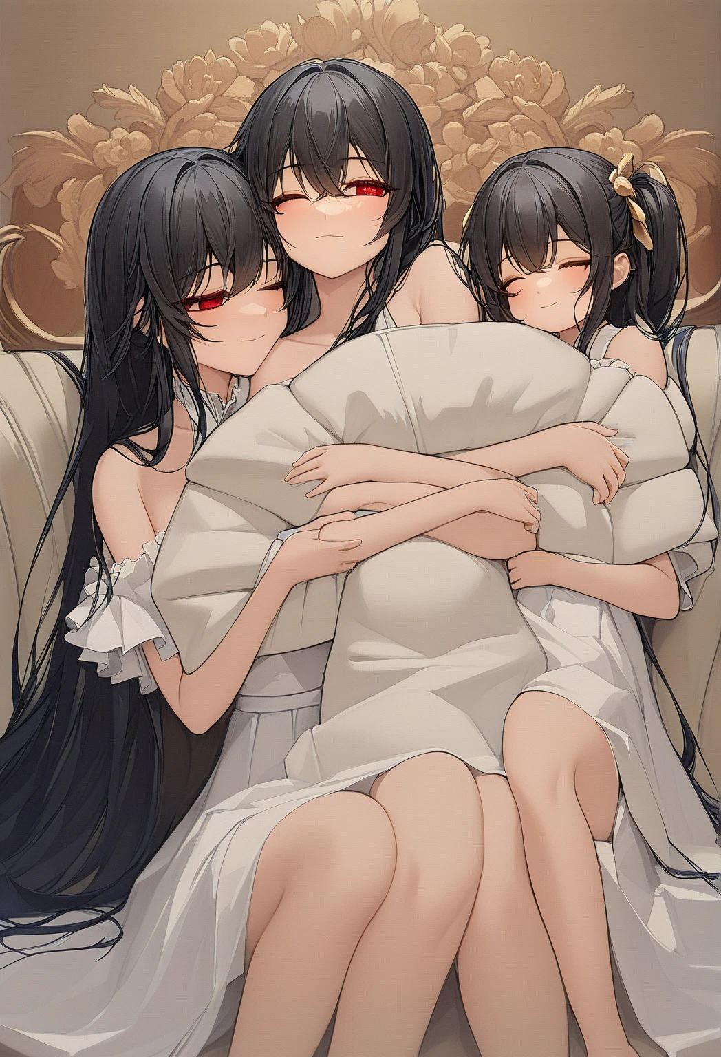 ((masterpiece, best quality, ultra quality, high quality, hyper detailed, intricate detailed, perfect anatomy, shiny skin)), ((upper body:1.2)), (three women are posing for a camera:1.4), (indoors, bed, pillow:1.2), (Lift up your camisole), (full nude:1.4), (smile, shy, red cheek, blush:1.2), (Open your mouth:1.6), (Stand in line) , brown hair, blond hair, navel, jewelry, looking at viewer, necklace, long hair, short hair, Abdominal muscles, straight hair, bob cut, blunt bangs, silky hair, hair clip, hair band, hair ribbon, one-length haircut, ducktail, outward curled hair, French twist hair, twintails, side ponytail, single braid, wavy hair,