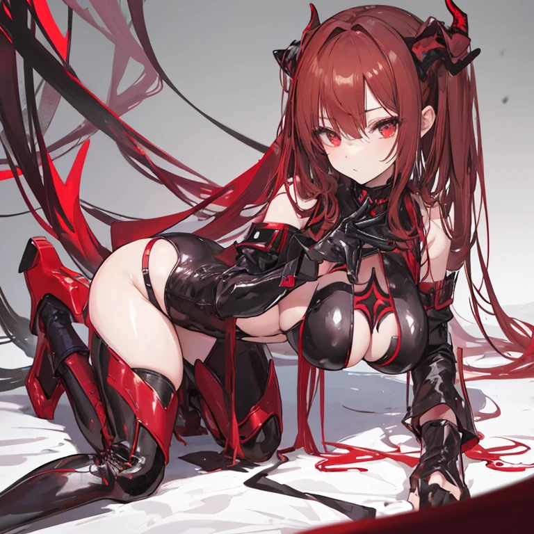 women, red head, night, (scrawny), (yelling), (eyes tightly closed), (crying glowing red tears), pigtails, white room, torn demonic bodysuit, glowing nipples, ((glowing ribcage)), ((drooling)), digitigrade legs, long furry tail, rope, whip scars, hanging from ceiling by legs, arms and legs bound tight by chains, anus, bent over,