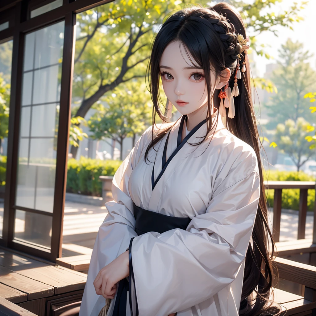 masterpiece,highres, highest quality,intricate detail,best texture,realistic,8k,soft light,perfect shadow, sunny,modern city,crowding street,stores,shopping,falling leaf, portrait,erjie,1girl,hanfu,walking,Luxury, street shot,