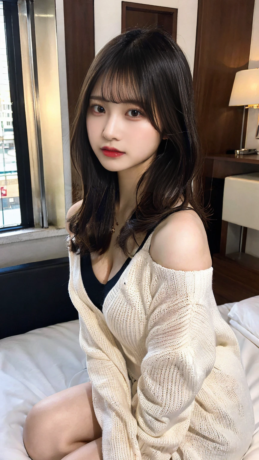 Highly detailed CG Unity 8K wallpaper, With the highest quality, super detailed, Master Pieces, Realistic, photograph realistic, extremely detailed cute girl, 25 years old, blush,, Round eyes, medium breasts, looking viewer, Half body shot , (blouse)  , (showing   panties) , room ,  couch , cross legs
