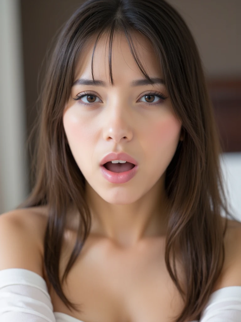 One Girl, Tabletop, - Award-winning photo, Very detailed, Focus your eyes, Nose and mouth,Face Focus, Woman with open mouth and closed eyes, Black camisole、Age 35,Black-haired、Symmetrical face,Realistic nostrils、Angle from below、elongated C-shaped nose,,,,,,,,Browsing Caution,White Background、Sweaty skin、Sweaty skinを際立たせる照明、(Crazy Face))Skin shiny with sweat、Shiny skin、((Glowing Skin))、Attractive body,Beautiful breasts,((Mature Woman))Beautiful breasts)Dark Gray Background,((crazy, tongue, saliva, tongue out, Drooling, Ahegao, saliva trail, long tongue, Verbal invitation))(( Are crying, tears, Are crying with eyes open, streaming tears, happy tears))(((Face close-up,front)))Please sit down(((crazyな表情)))((Public toilets,In front of the urinal))