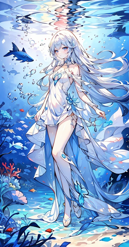 점수_9, 점수_8_위로, 점수_7_위로, Solo, Watercolor, (Mastepiece), (Best Quality), Very detailed、1 girl、Perfect Face、(Solo full body shot:1.3), Very detailedな顔、(Long white hair:1.5)、(blue eyes:1.4)、(In the water:1.4)、(White Dress:1.5)、Ocean、Coral Reef、School of small fish、Light、Bubble、jellyfish、Ocean藻、(深Ocean:1.4)、Fantasy、Ocean底、float, colorful