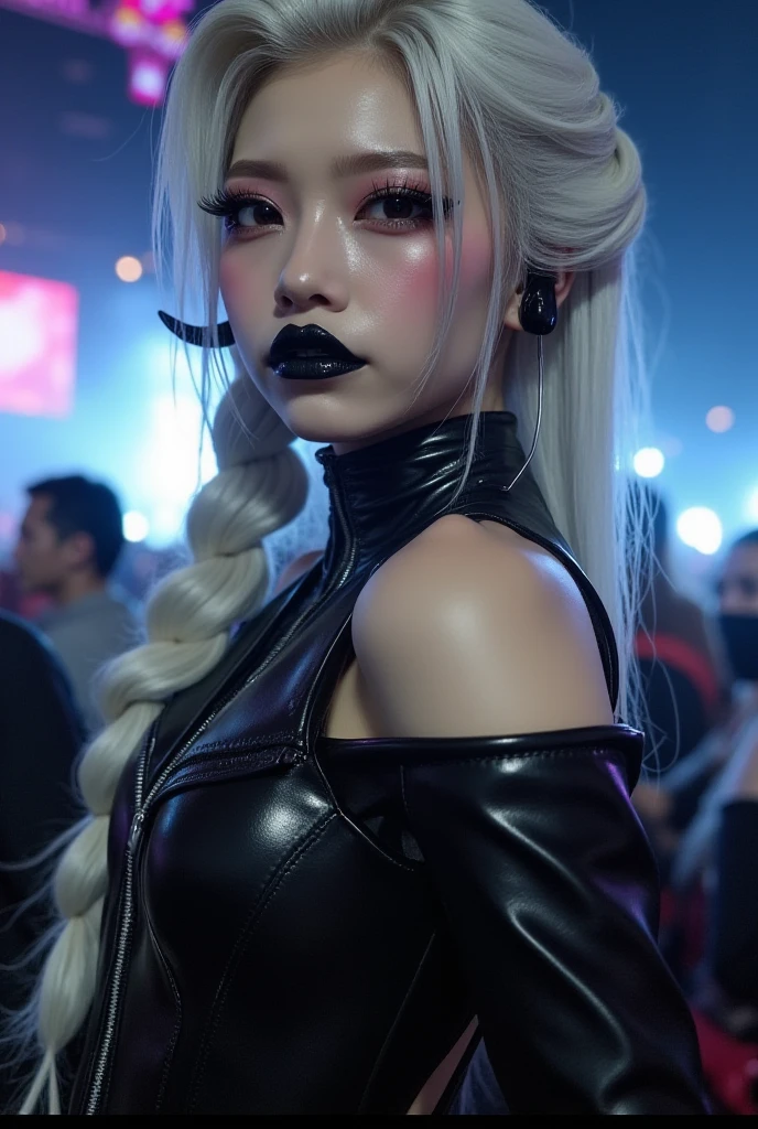 Me crie um personagem feminino com cabelo branco com manchas has pretas, pele branca, half of a black mask on the face