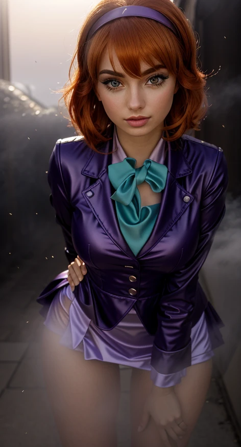 artgerm, masterpiece, best quality, 1girl, 18yo, dsnoir, brown hair, short hair, brown eyes, shirt, ascot, skirt, vest, hat, hat feather, pantyhose, bandolier, purple gloves, (curvy:1.2), solo, upper body, blurred background, realistic, <lora:stanley_lau_artgerm:1.2>, <lyco:dsharu-v2_lc_768:0.5>, <lora:add_detail:0.3>, <lora:more_details:0.3>