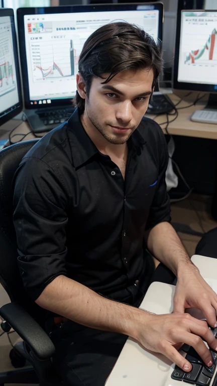 a real man, working at a computer in the office, surrounded by employees, pleasant appearance, Man, professional, programmer