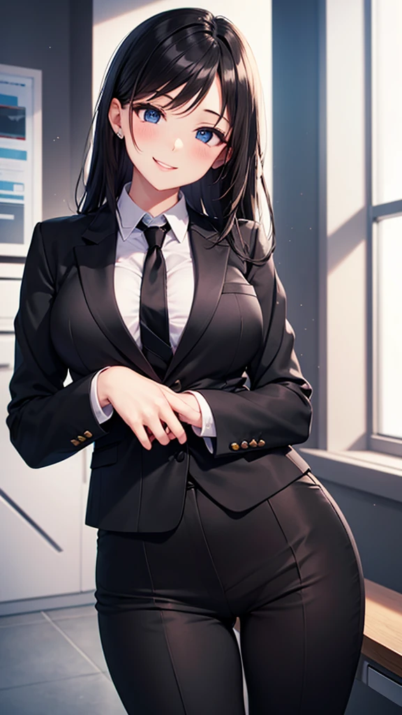 1GIRL , Yukinoshita yukino , Yukinoshita yukino,woman in formal attireactive suit tuxedo tailcoat standing in a large alcove in the room, 1girl, solo, necktie, black hair, blue eyes, long hair, smile, jacket, looking at viewer, shirt, pants, blue necktie, collared shirt, white pants, white shirt, indoors, bangs, long sleeves, closed mouth, window, black jacket, blush, cowboy shot, formal, suit, full body