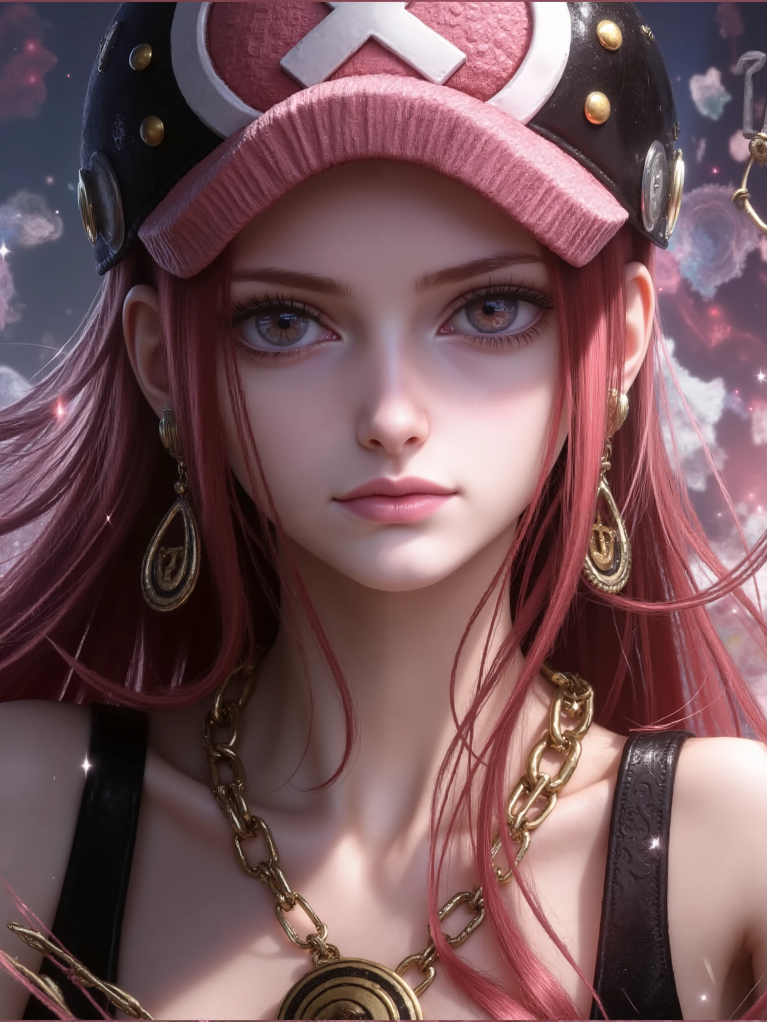 The image features a person with long, flowing pink hair wearing a detailed helmet adorned with buttons and symbols. The outfit includes a black top, complemented by ornate gold jewelry—a large chain necklace and decorative earrings. The background is dynamic, with swirling patterns and subtle lights, suggesting a vibrant and somewhat futuristic or fantasy atmosphere. The lighting highlights the textures and colors, creating a vivid and striking visual impression.