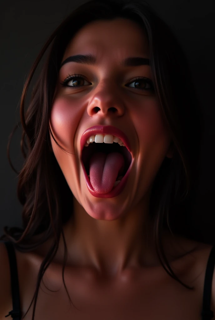 WWE Bayley, Realistic skin of the highest quality, Eyes are focused, Sticking out tongue, Focus on the mouth, Open your mouth, Long Tongue, saliva, Open your mouth wide, I can see inside the mouth, Open your mouth and Sticking out tongue, realistic white tongue